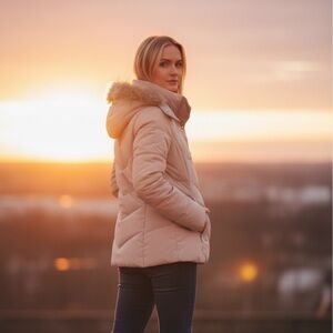 Bogner Ski Jacket Beige Embroidered Studded Embellishments Fur Hood